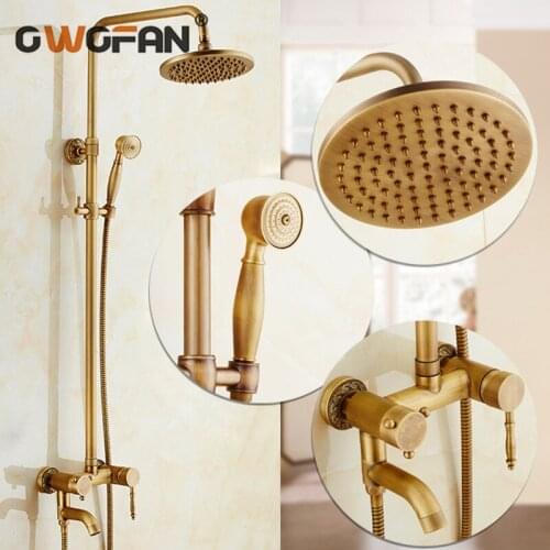 Shower Faucets Shower System Antique Luxury Brass Rainfall Top Spray Shower Head Bathroom Shower Set Water Mixer Crane XE-8811