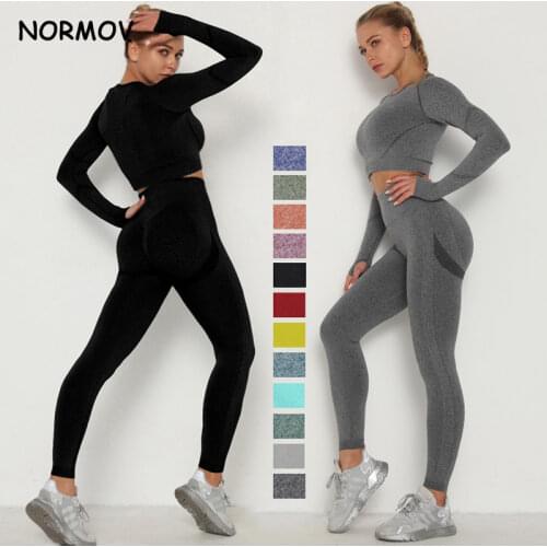 NORMOV Fitness Sports Suits Women Sexy Bubble Butt Seamless Yoga Set High Waist Leggings+Push Up Bra+Yoga Tops 3 Pcs Workout Set