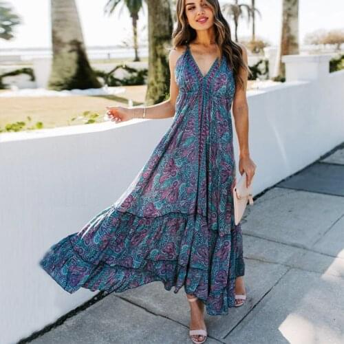 TEELYNN Sexy Backless Sleeveless Deep V Neck Maxi Dresses Women Robe Vintage Floral Print Long Dress Summer Boho Beach 2021