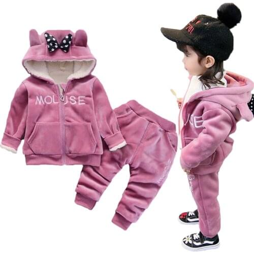 Warm Baby Girls Clothing Set Winter Thick Plush Cotton Clothing Sets For Baby Girls Hoodies And Pants Kids Suit Children Clothes