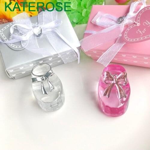 50PCS Transparent/Pink Crystal Baby Shoe Bootie Ornaments in Gift Box Perfect For Baby Christening&Baptism Gift Wedding Favors