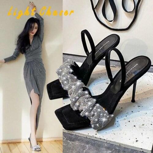 2021 New Summer Womens High Heel Sandals Fashion Rhinestone Solid Color Square Toe Women Sandalias Outdoor Shoes Plus Size 43