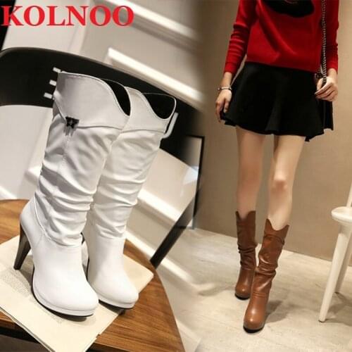 KOLNOO New Arrival Retro Womens High Heels Boots Pleated Faux Leather Mid-Calf Four Colors Large Size 35-52 Fashion Winter Shoes