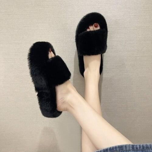Furry slippers women 2021 autumn and winter new style Korean version of the lazy one-word drag thick-soled indoor cotton