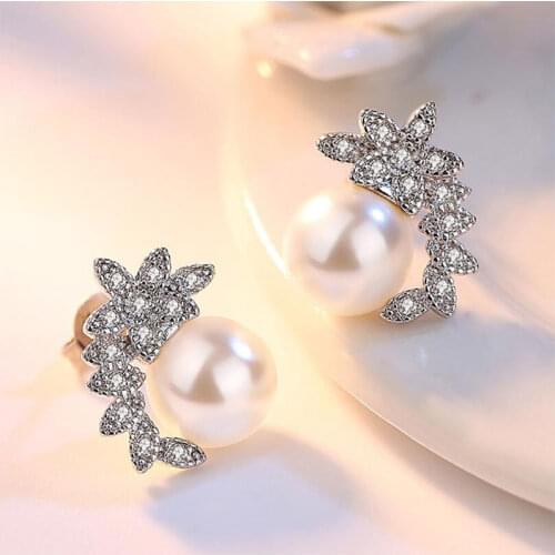 925 Sterling Silver Elegant AAAAA Zircon Angel Wings Stud Earrings Women Leaves Pearl Earrings brincos S-E250