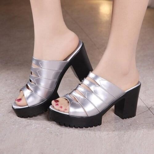 Plus Size 32-43 Square Heel Platform Slippers Women Wedding Shoes Red Silver Gold 2020 Summer High Heels Slides Ladies Slippers
