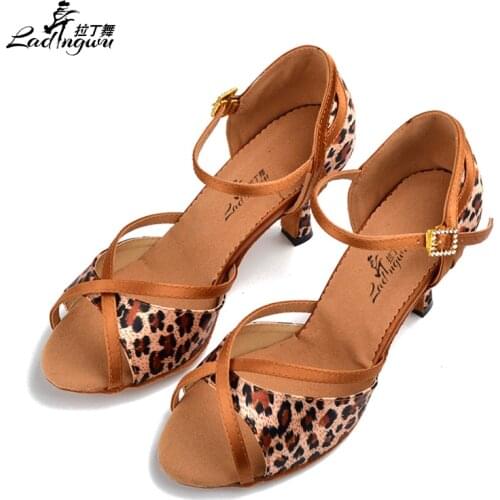 Ladingwu Hot Selling Leopard Satin Women High Heel Bronze Shoes For Women Soft Bottom Latin Salsa Ballroom Dance Shoes