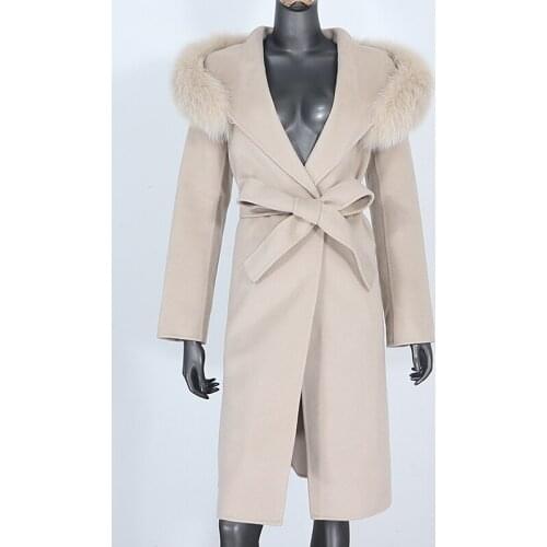 2021 New Real Fur Coat Winter Jacket Women Natural Fox Fur Collar Hooded Cashmere Wool Blends Long Outerwear Fashion Streetwear