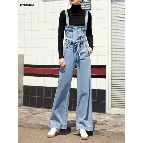 Free Shipping Jeans XS-XL Pants For Women Overalls Jumpsuit And Rompers With Belt Wide Leg Denim Long Loose Trousers Ligh Blue