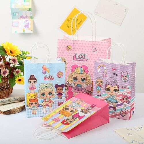 12/60PCS Cartoon Paper Gift Bag with Handles Doll Handbag Cute Packaging Bags for Gifts Baby Shower Party Favors Wholesale