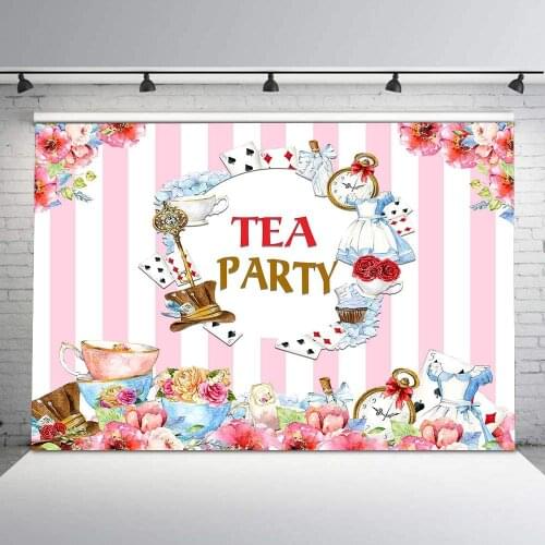 Tea Party Backdrop Pink White Stripes Watercolor Floral Alices Adventures Tea Party Background Photo Booth Banner