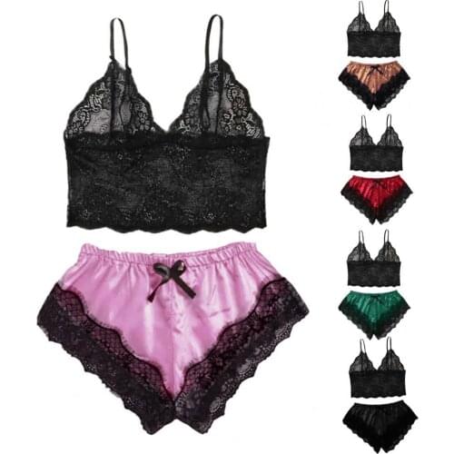 Sleepwear Set Charming Elastic Women Camisole Shorts Lace Sleepwear Set for Honeymoon Romantic Moment for Daily Life