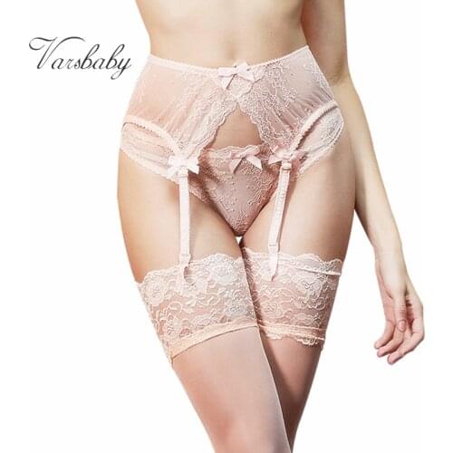 Varsbaby sexy see-through floral lace underwear 3pcs garters+panties+stockings S M L XL for ladies