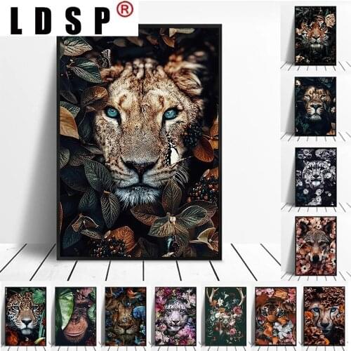 LDSP Animal In Flowers Canvas Painting Wall Art Lion Poster Prints PTiger Elephant Orangutan Picture Modern Home Decor Painting