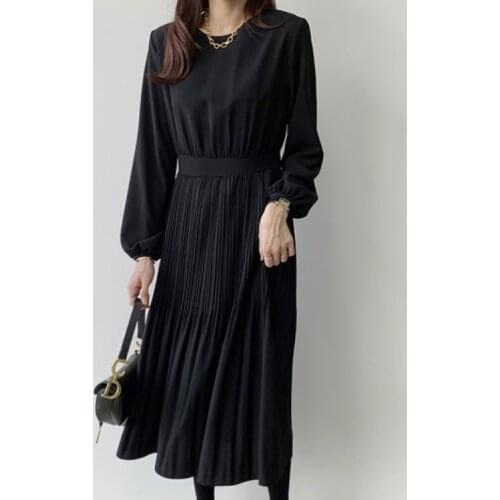 Fashion Elegant Ladies High Waist Pleated Dress Korean Style Long Lantern Sleeve Office Work Tunic Casual Dresses High Quality