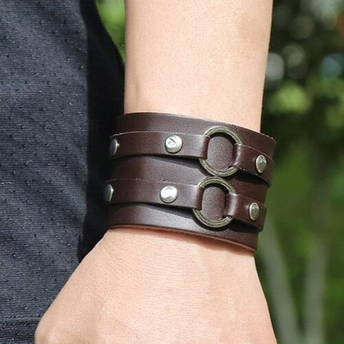 Fashion Double Belt Leather Wrist Friendship Big Wide Bracelet For Men Circle Buckle Vintage Punk Jewelry