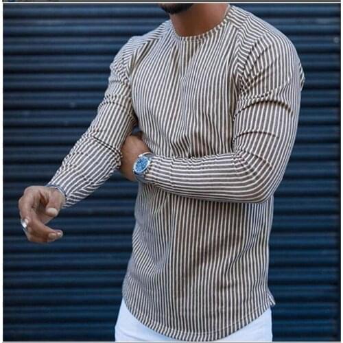 2021 New Spring And Autumn MenS Long-Sleeved T-Shirt Slim Pullover Striped Bottoming Shirt Round Neck Casual Mens top