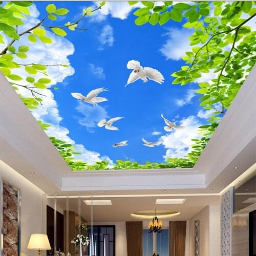 Custom Ceiling Mural Wallpaper HD Blue Sky Green Leaf White Pigeons Photo Wall Cloth Living Room Theme Hotel Ceiling Wall Papers