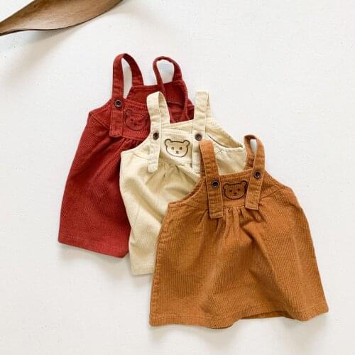 Adorable Cartoon Bear Printing Sleeveless Corduroy Dress for Girls Clothing Spring New Baby Girls Strap Dress Children Costumes