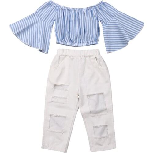 Baby Clothes Children Kids Baby Girl Striped Tops+Casual Ripped Pants Outfit Clothes