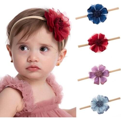 Baby Girls Bright Silk Fabric Bowknot Hair Accessaries Childrens Headband Lace Mesh Multicolor Artificial Flower Hair Headband