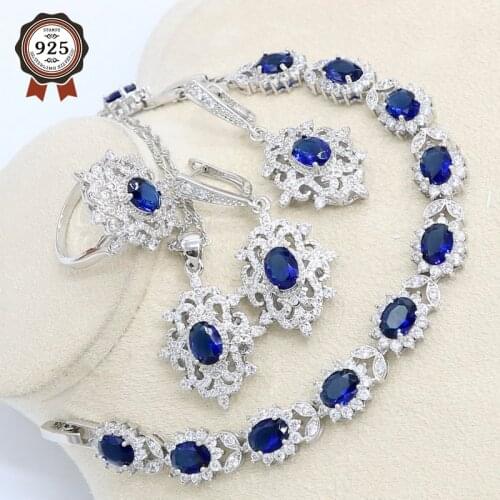 Blue Stone Wedding Jewelry Silver Color Jewelry Set for Women with Bracelet Earring Necklace Pendant Ring