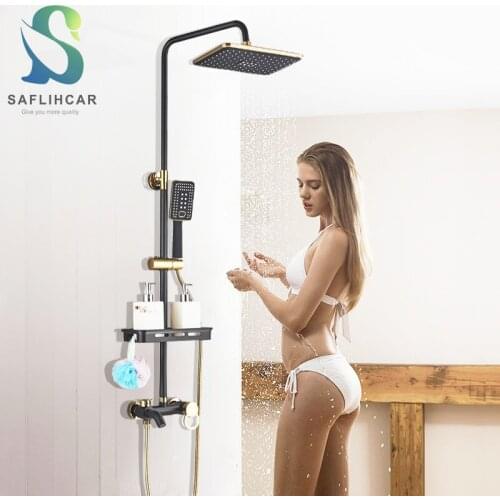 Saflihcar Black Gold Bathroom Shower Faucet Convenient With Shelf Rain Hot and Cold Water Mixer Taps Wall-mounted Shower Faucet