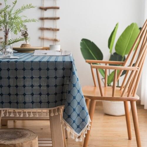 Modern Cotton Linen Tablecloth Embroidered Plaid Striped Rectangular Dining Table Cloth Tassel Hem Tea Table for Christmas Party