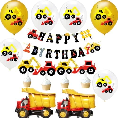 Construction Excavator Vehicle Latex Air Balloon Globos Banner Cake Topper For Happy Birthday Theme Party Decoration Kids Favors