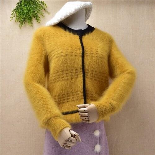 Top quality short style o-neck mink cashmere colored fashion hairy long sleeved loose cardigan angora fur knitted jacket winter