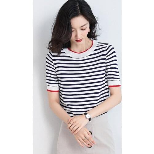 Knitted Pullovers Women Sweaters 2020 New Summer Ice Silk Short Sleeve Casual Striped Pull Femme Woman Knit Tops