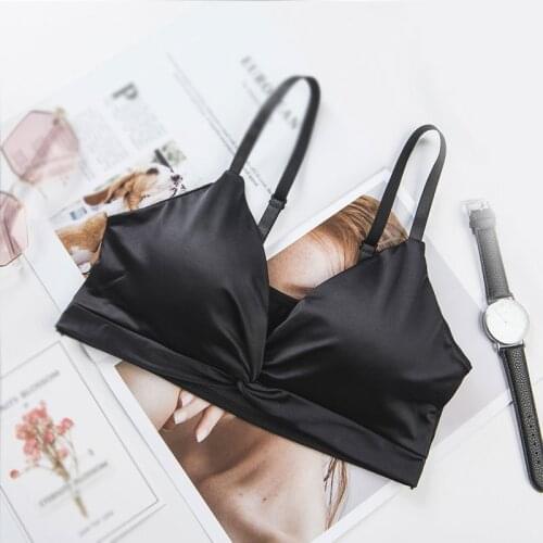 Sexy Crop Top Women Satin Silk Camis Bralette Beauty Back Lace Tube Top Strap Padded Bra French Style Cross Triangle Cup Bra Hot