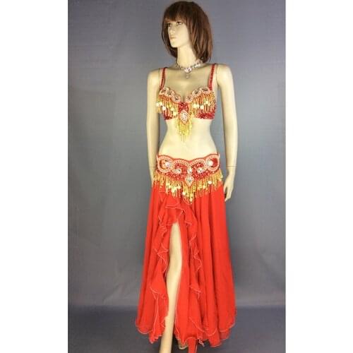 Handmade beaded belly dance costume wear Bar+Belt+skirt 3piece / set 2 color ladies belly dance costumes set women dancing wear