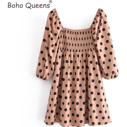 Boho Queens woman dot square collar Bohemian mini dress ladies long sleeve happie dresses vestidos