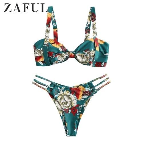ZAFUL Women Bikini Plant Print Braided Strappy Pleated Bikini Swimsuit