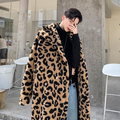 Winter Mens Cashmere Hip Hop Casual Overcoat Leopard Pink Suede Single Breasted Warm Size M-XL X49