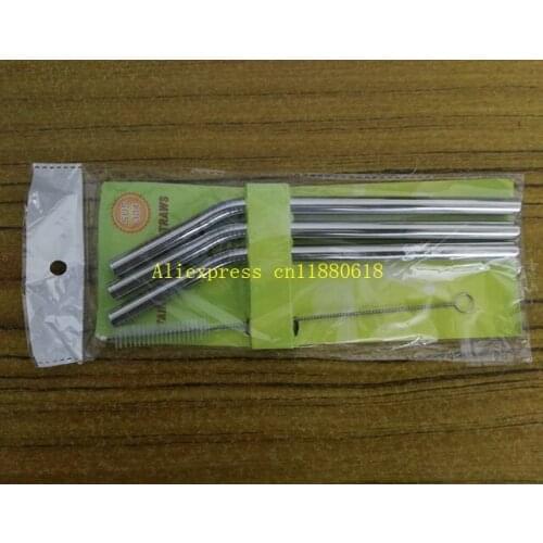 100sets Free Shipping 1Sset =3pcs 9.5*215mm Bend Stainless Steel straws Metal Drinking Straw Retail package With 1 straw brush