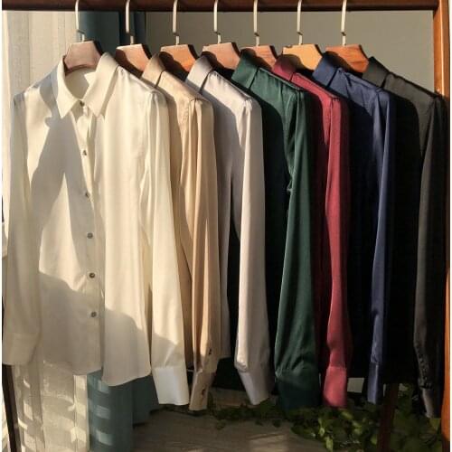 95% Silk Satin Blend Solid Color Long Sleeve Lapel Blouse Shirt - White/Black/Wine/Champagne/Grey/Green/Navy Color Top On Sale