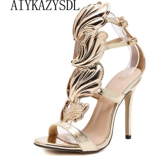 AIYKAZYSDL Sexy Women High heel Gold leaves Cut Out Gladiator Sandals Stiletto Wings Metal shoes Woman Pumps chaussure femme