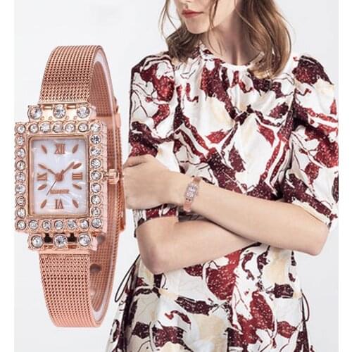 Fashion Luxury Square Quartz Watch for Women Stylish Rhinestone Gold Mesh Alloy Wrist Watches Female Ladies Clock Montre Femme