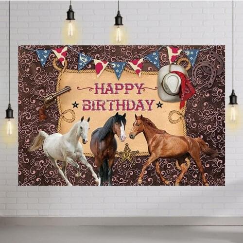 Cowgirl Birthday Backdrop Cowboy Hat Banner Birthday Backdrops for Photography Running Horse Birthday Party Decoration for Kids
