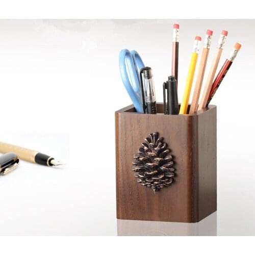Pastoral Style Wooden Storage Box Resin Pinecone Decor Pen Container Cosmetic/Utensil Organizer Eco Natural Wood Desk Organizer