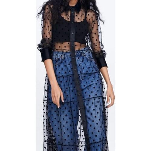 Women Mesh Sheer Transparent Polka Dot Lace Cover up Button Down Maxi Dress See-through Party Clubwear Beach Dress