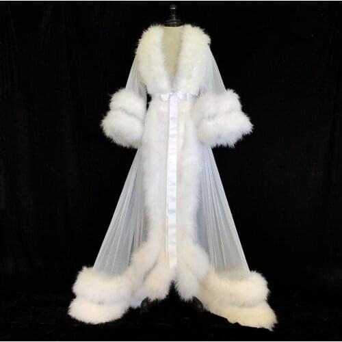 White Double Deluxe Women Robe Fur Nightgown Bathrobe Sleepwear Bridal Robe Marabou Dressing Gown Party Gifts Bridesmaid Dress