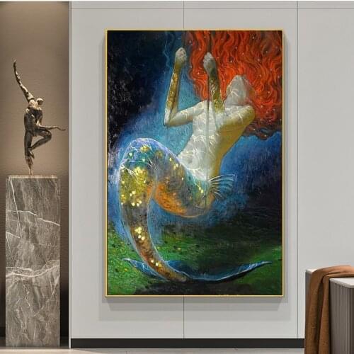 Mermaid Oil Painting Wall Art Fantasy Vintage Girl Picture Canvas Print For Sitting Room Living Room Adornment Art