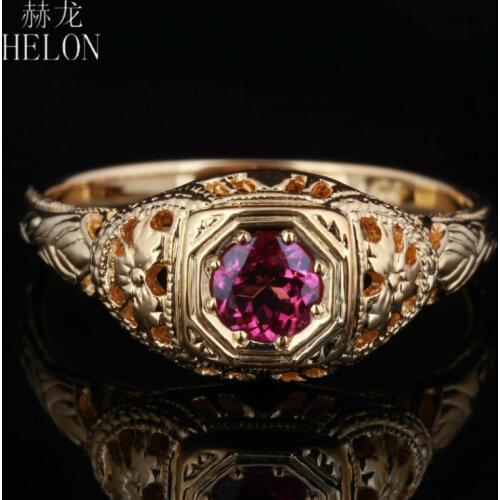 HELON 4mm Round Pave 0.5ct tourmaline Solid 10K Yellow Gold Engagement Wedding Ring New Art Deco Vintage Fashion Womens Ring