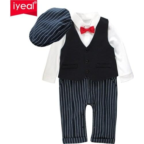 IYEAL Baby Boy Suit Outfits Clothes Set 3 Pieces Infant Tuxedo Long Sleeve Gentleman Wedding Jumpsuit & Vest Coat & Berets Hat