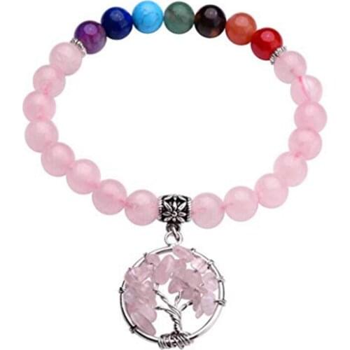 FYJS Silver Plated Tree of Life Natural Rose Pink Quart Connect 7 Colors Round Beads Bracelet Chakra Jewelry