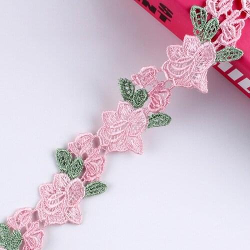 15Yards Luxury Pink Rose Flower Water Soluble Lace Ribbon Green Leaf Venise Laces Trim for Garment Decorcation 35mm Width