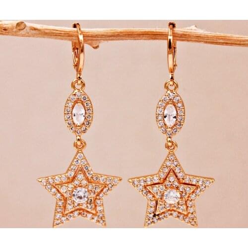Trendy 18k Gold Copper Plated Dangle Drop Star Earrings White Zirconia For Women Girls Fashion Jewelry Accessories Wedding Gift